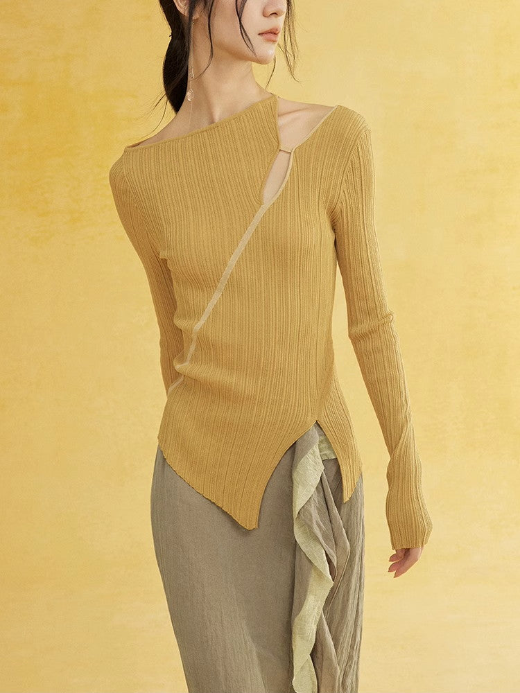 Asymmetry Nichi Slim Slit Casual Unique Rib-Knit