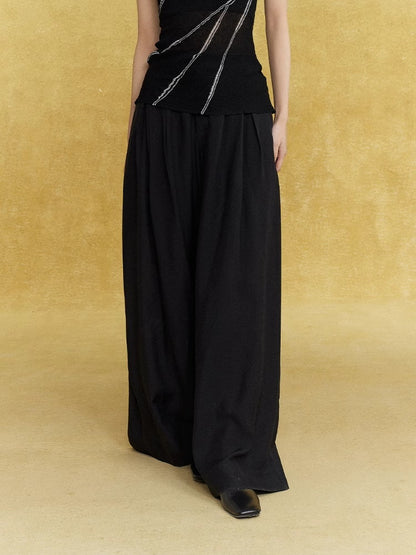 Wide-Leg Handsome Plain Straight Satin Sheer Elegant Pants