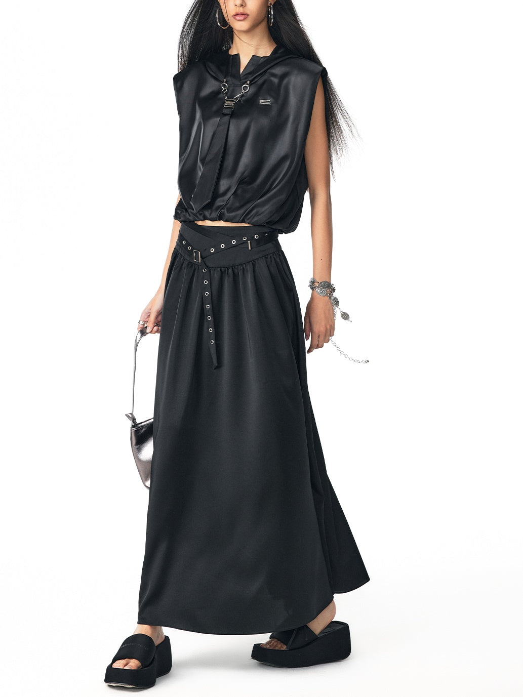 Drawstring Flare Casual Long-Skirt