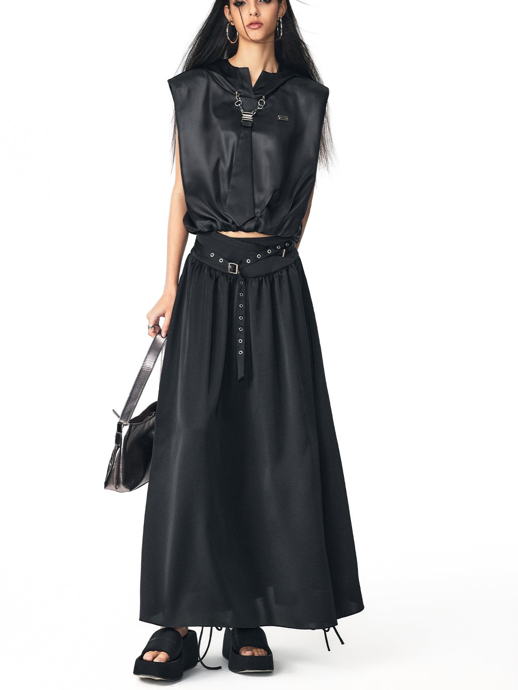 Drawstring Flare Casual Long-Skirt