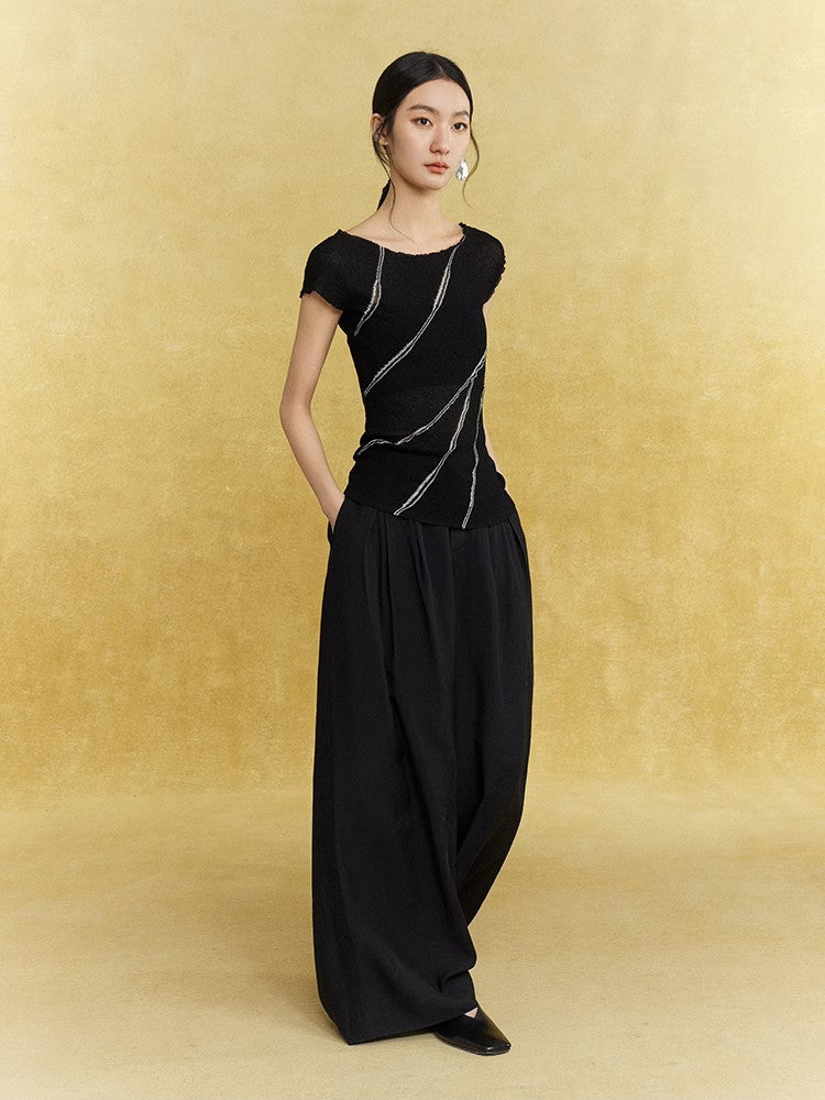 Wide-Leg Handsome Plain Straight Satin Sheer Elegant Pants