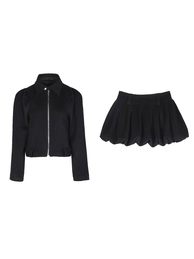 Set-Up Casual Simple Suit Wool Short-Jacket＆Balloon-Skirt