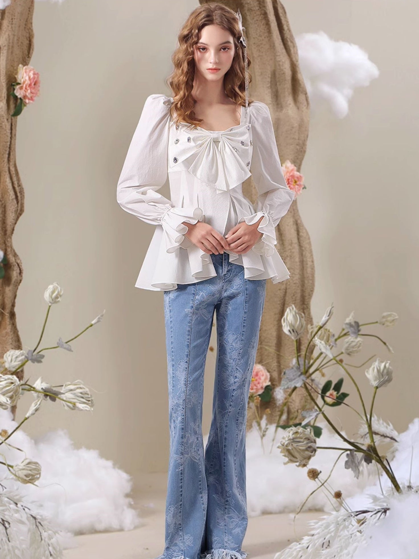 Big-Ribbon Cute Flare Candy-Sleeve Blouse