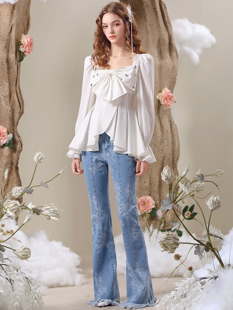 Big-Ribbon Cute Flare Candy-Sleeve Blouse