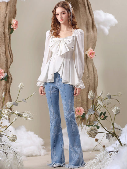 Big-Ribbon Cute Flare Candy-Sleeve Blouse