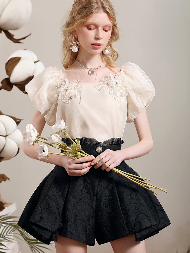 Puff-sleeve Ciffon Flower Classy Blouse