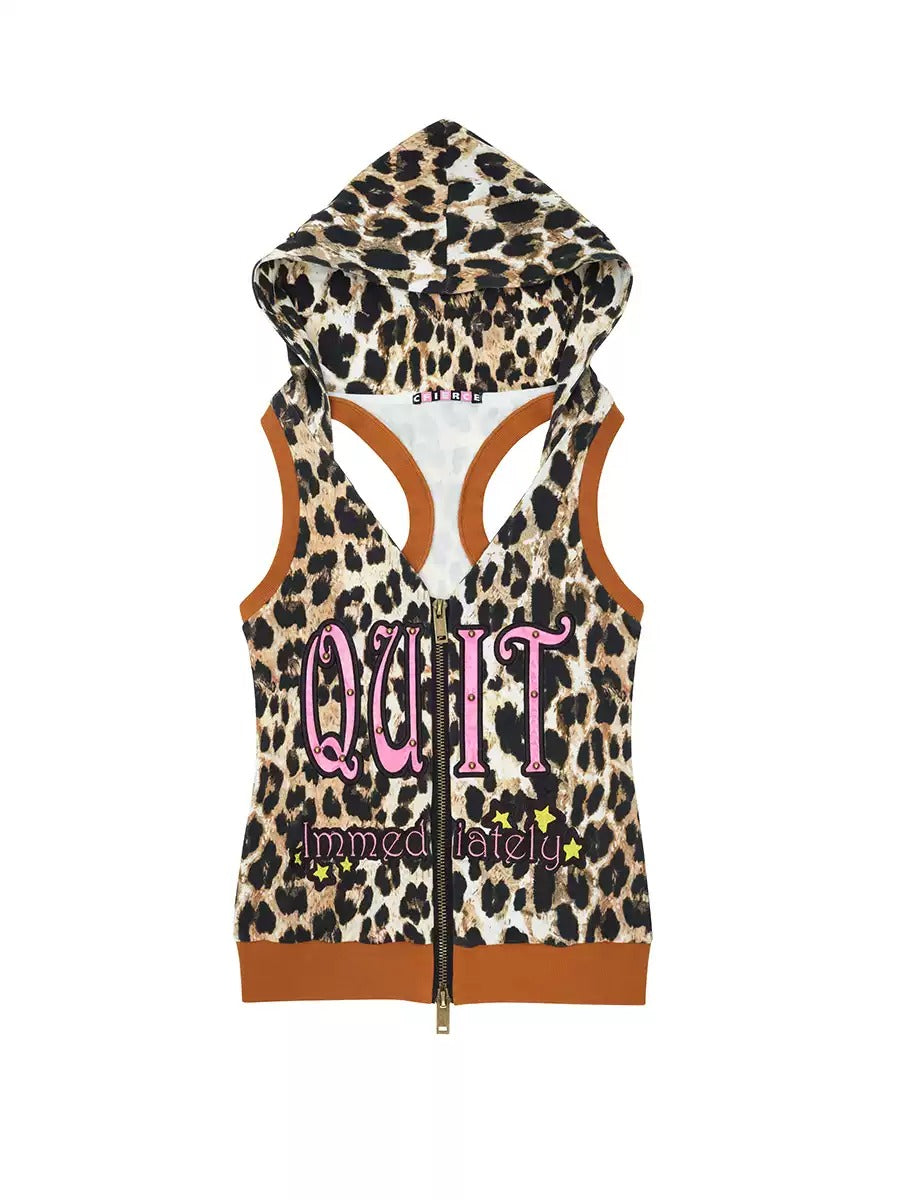 Leopard No-Sleeve Double-Zip Hoodie