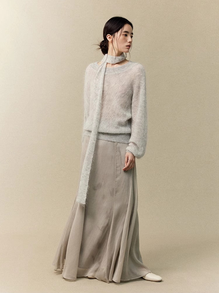 Long-Tie Fluffily Loose Off-Shoulder Classy Mohair-Knit