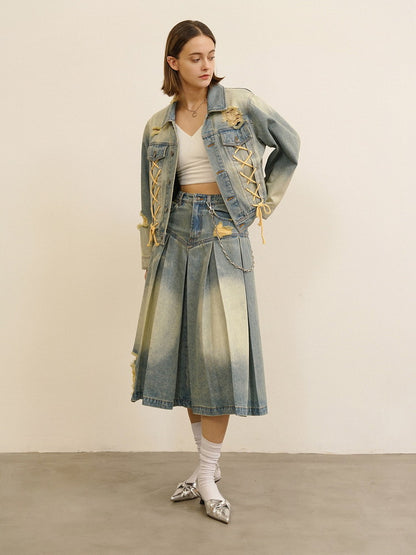 Set-Up Denim Lace-Up Washed Casual Pleats Jacket＆Pants＆Long-Skirt