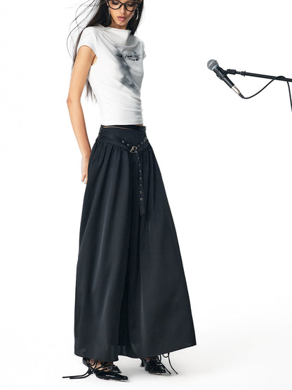 Drawstring Flare Casual Long-Skirt