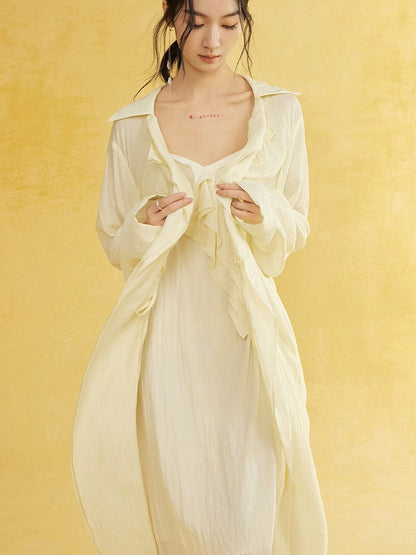 Retro Sheer Oversize Ruffle Wrinkled Long-Cardigan