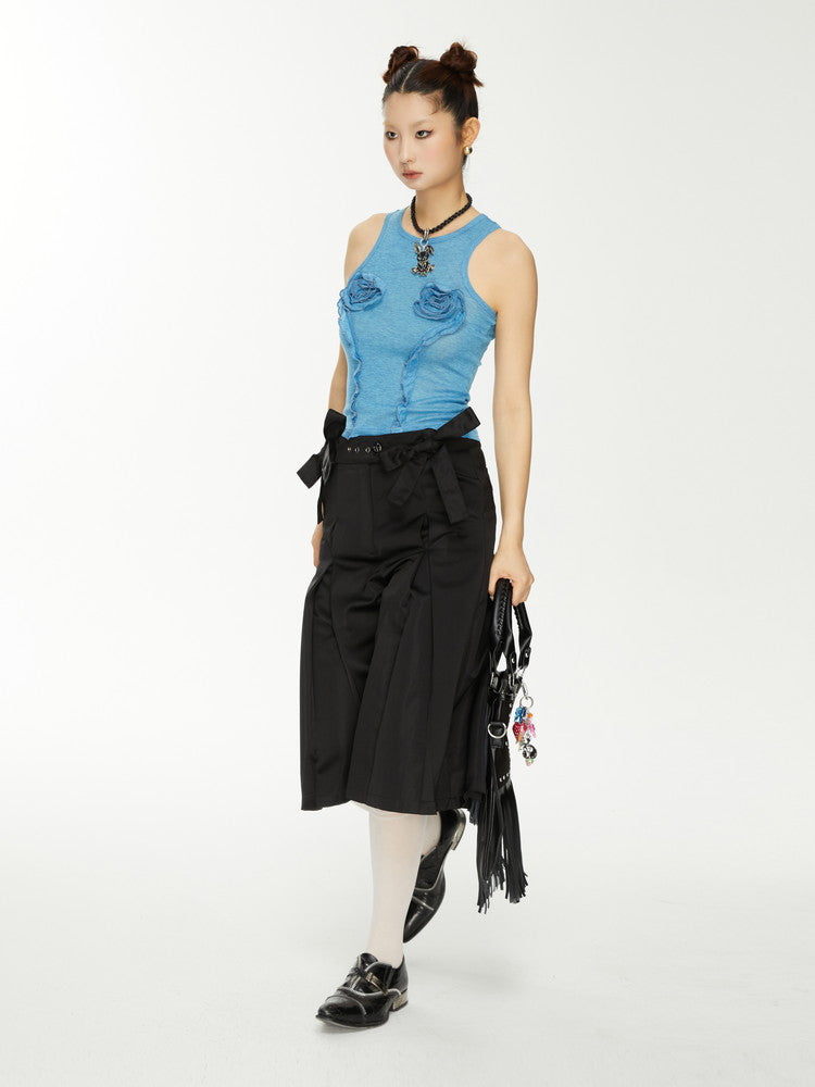 Ribbon Plain Wide-Leg High-Waist Nichi Half-Pants