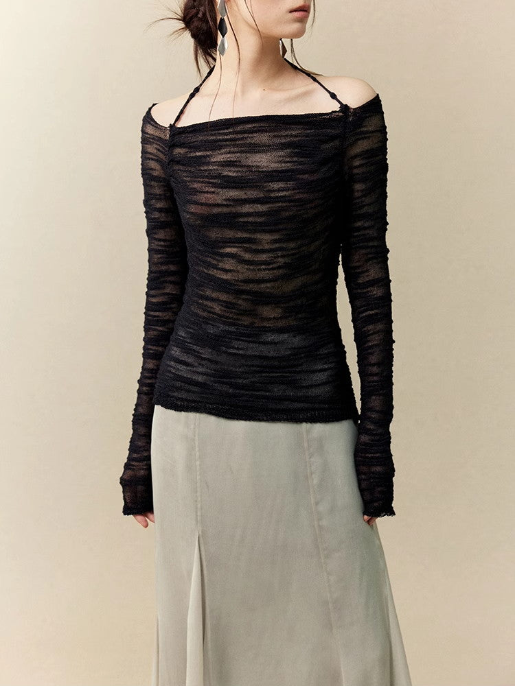 Wrinkled Sheer Gather Nichi Tight Halter-Neck Off-Shoulder Classy Knit