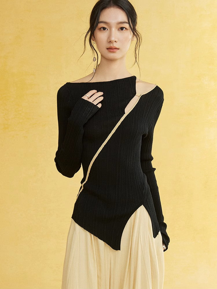 Asymmetry Nichi Slim Slit Casual Unique Rib-Knit