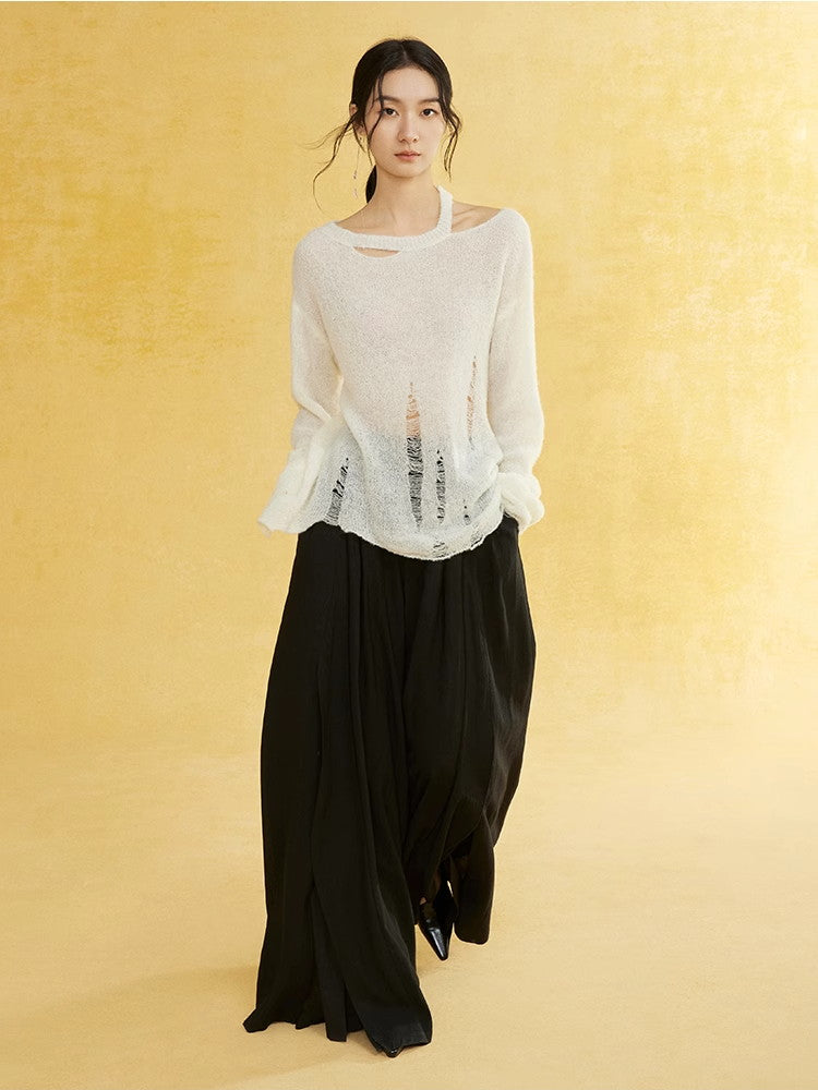 Natural Slit Wide-Leg Wrinkled Plain Flare-Pants