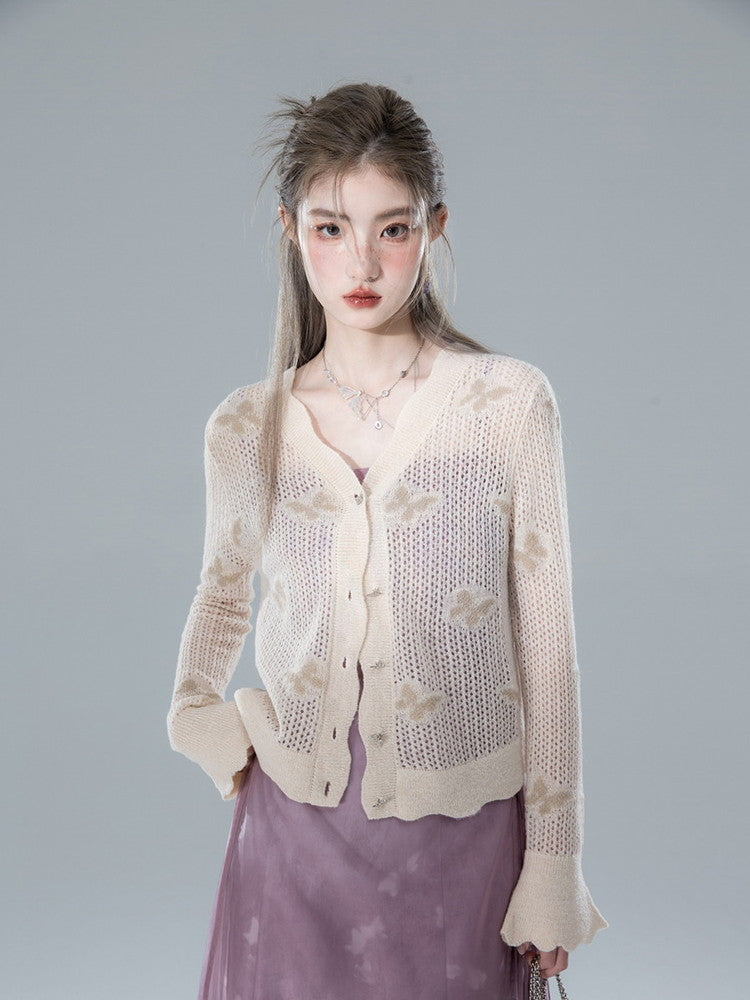 Butterfly Knit V-Neck Mesh Retro Cardigan