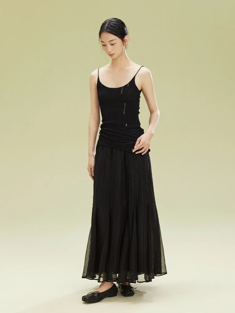 Ciffon Tiered Volume Simple Flare Long-Skirt