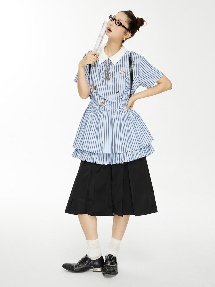Stripe Tiered Frill Girly Flare Long-Tops Dress