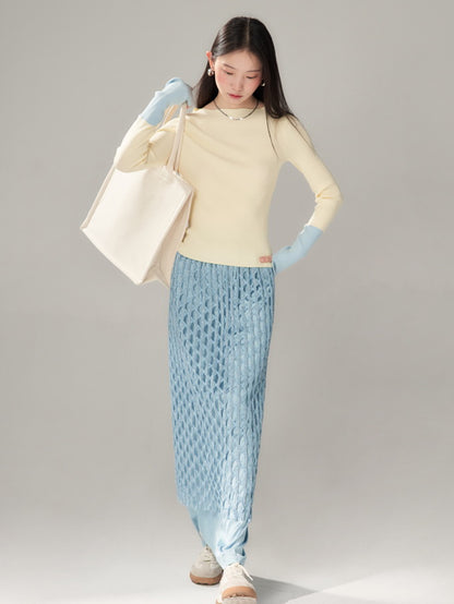 Sparkly Mesh Knit Unique Nichi Plain Satin Long-Skirt