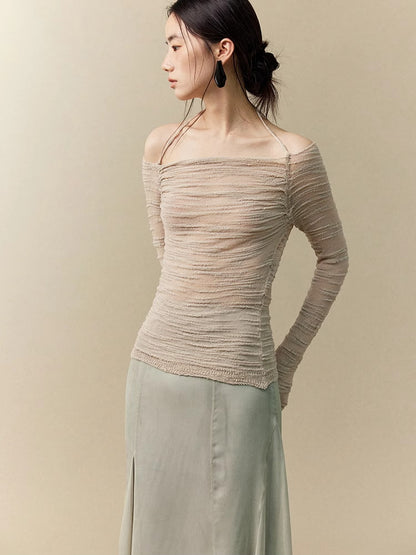 Wrinkled Sheer Gather Nichi Tight Halter-Neck Off-Shoulder Classy Knit