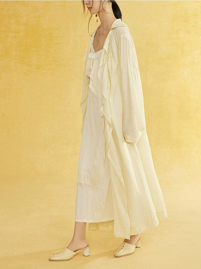 Retro Sheer Oversize Ruffle Wrinkled Long-Cardigan