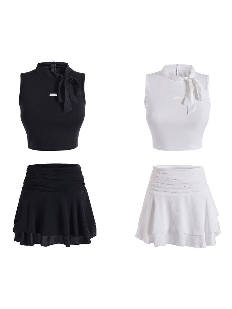 Tight Sleeveless Ribbon Plain Tops&amp;Mini-Skirt