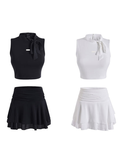 Manches serrées Ribbon Plain Tops &amp; Mini-Skirt