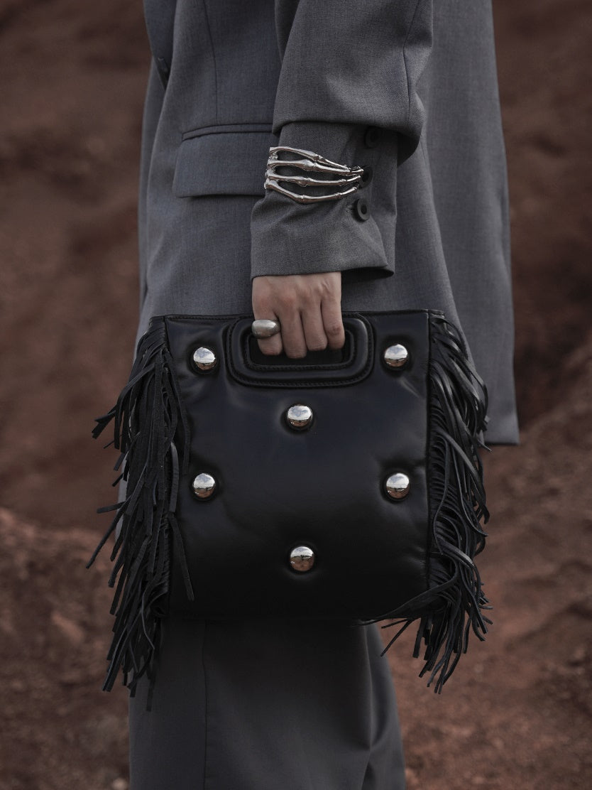 Leather Stone Tassel Nichi Hole Square Bag