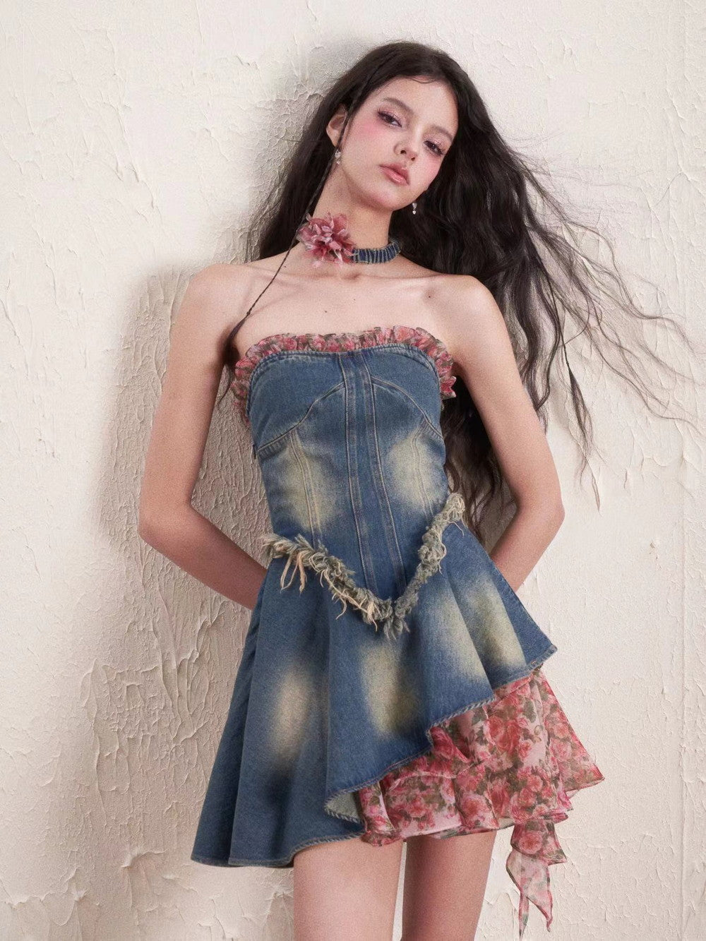 Denim Bare-Top Flower Asymmetry Coffon One-Piece