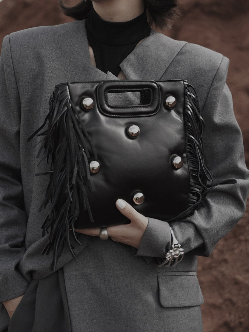 Leather Stone Tassel Nichi Hole Square Bag