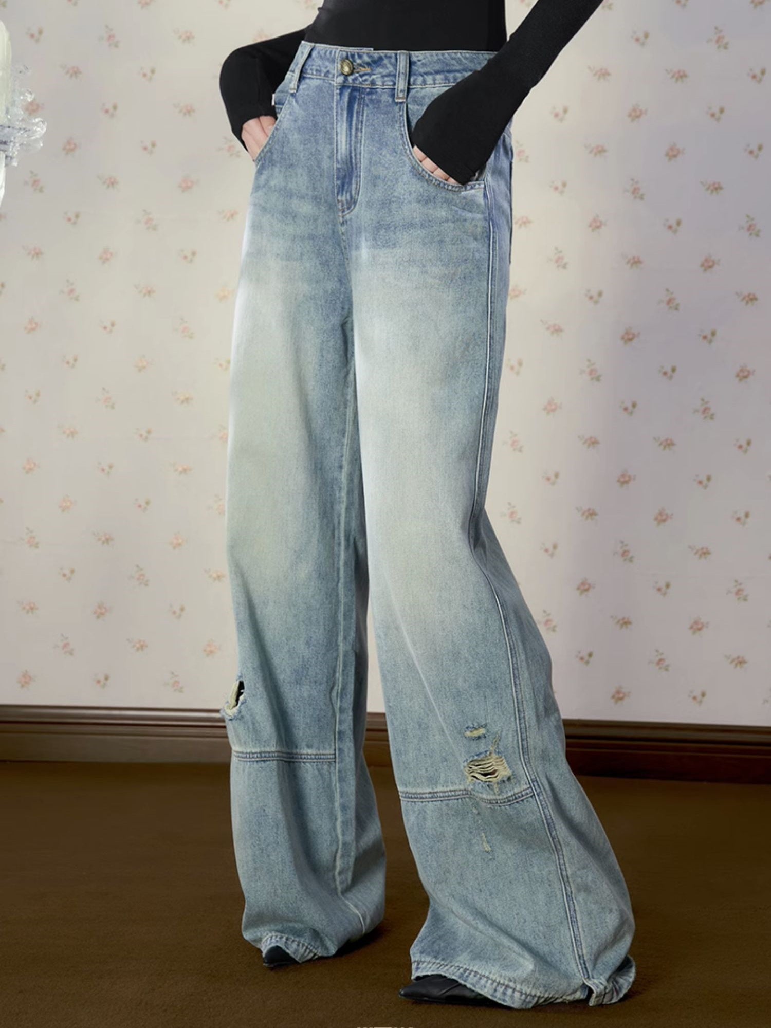 Denim Vintage Wide-Hosen beschädigen