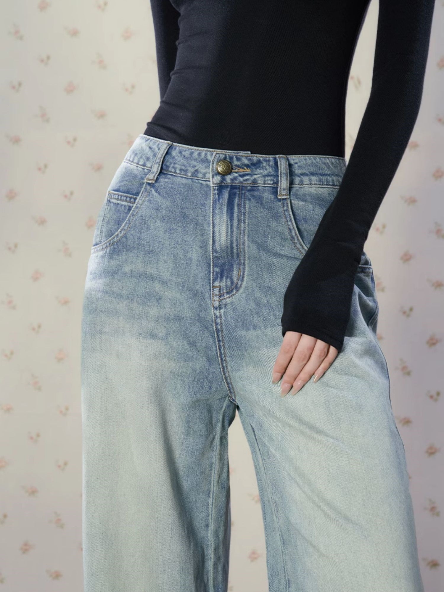 Denim Vintage Wide-Hosen beschädigen