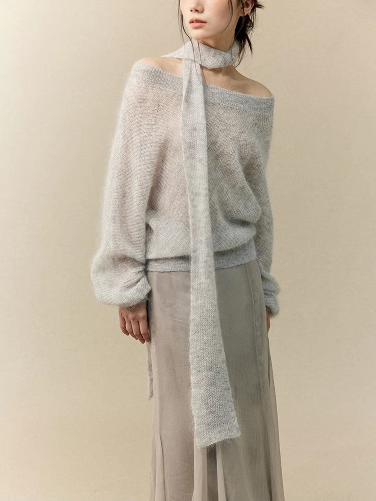 Long-Tie Fluffily Loose Off-Shoulder Classy Mohair-Knit