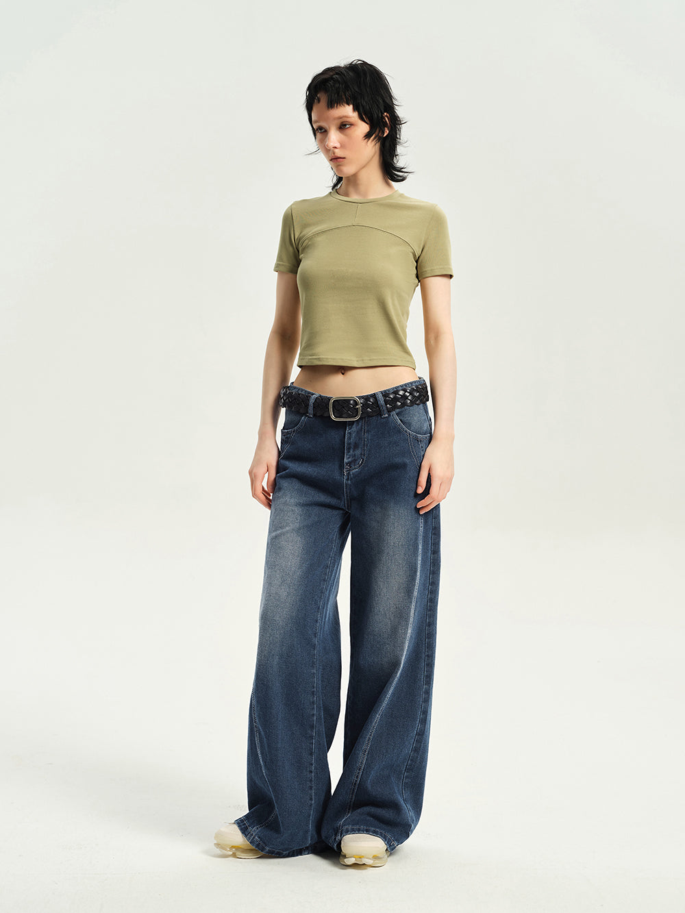 Crew-neck Cropped Plain T-shirt