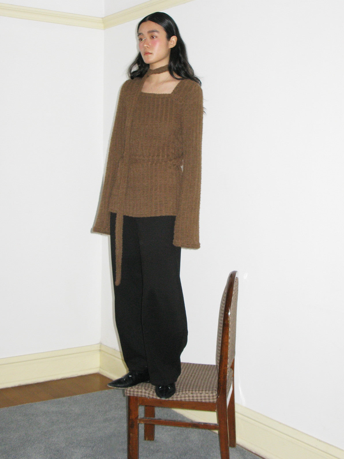 Square-Neck Long-Tie Simple Classy Tib-Knit