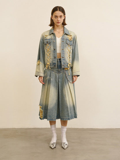 Set-Up Denim Lace-Up Washed Casual Pleats Jacket＆Pants＆Long-Skirt