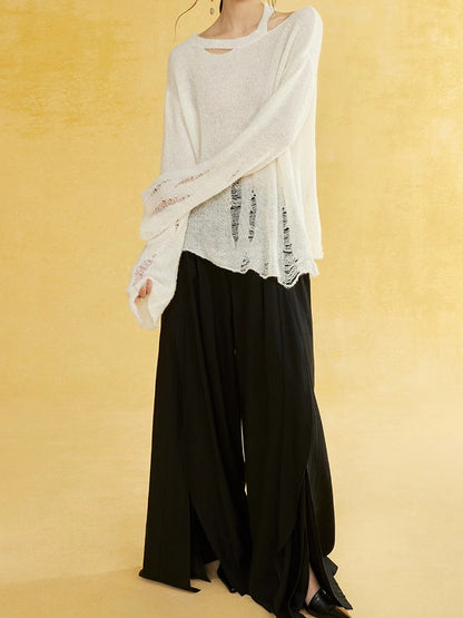 Natural Slit Wide-Leg Wrinkled Plain Flare-Pants