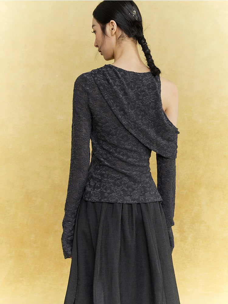 Open-Shoulder Flower Mesh Sheer Asymmetry Knit