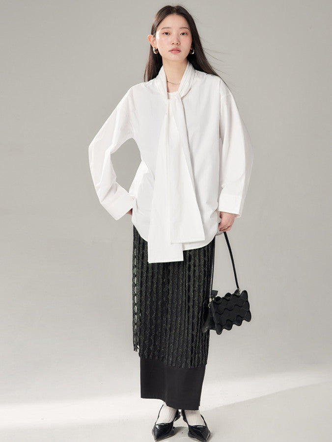 Long-Tie-Bluse Plain Oovresize Nichi Shirt