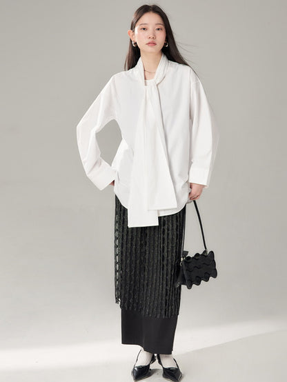 Long-Tie-Bluse Plain Oovresize Nichi Shirt