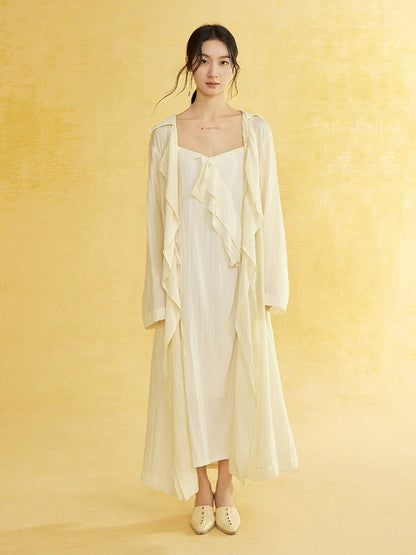 Retro Sheer Oversize Ruffle Wrinkled Long-Cardigan