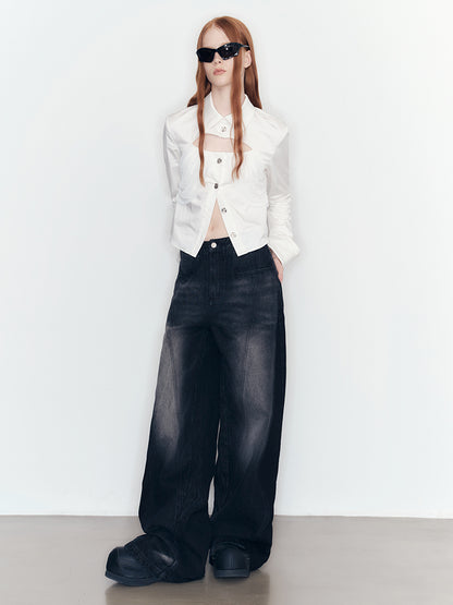 Faded Straight Denim Wide-Pants