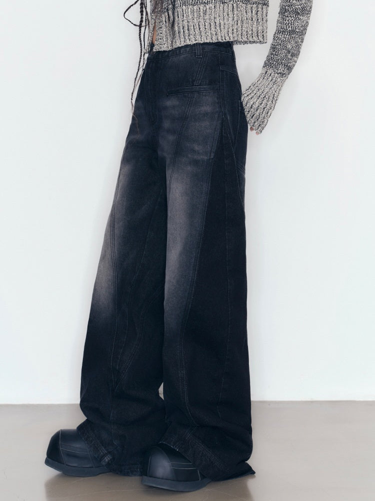 Faded Straight Denim Wide-Pants