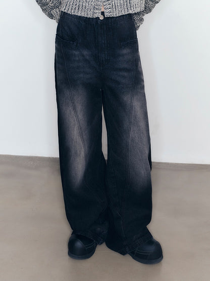 Faded Straight Denim Wide-Pants