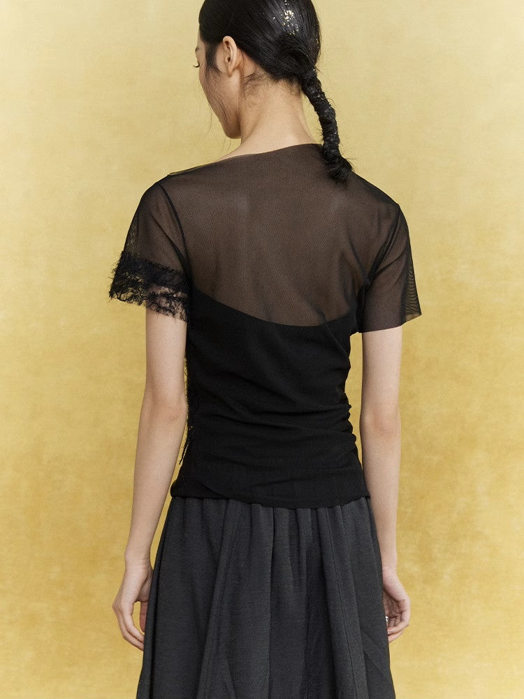 Asymmetry Sheer Mesh Nichi Lace Elegamt Chic Tops