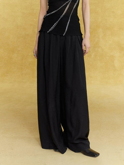 Wide-Leg Handsome Plain Straight Satin Sheer Elegant Pants