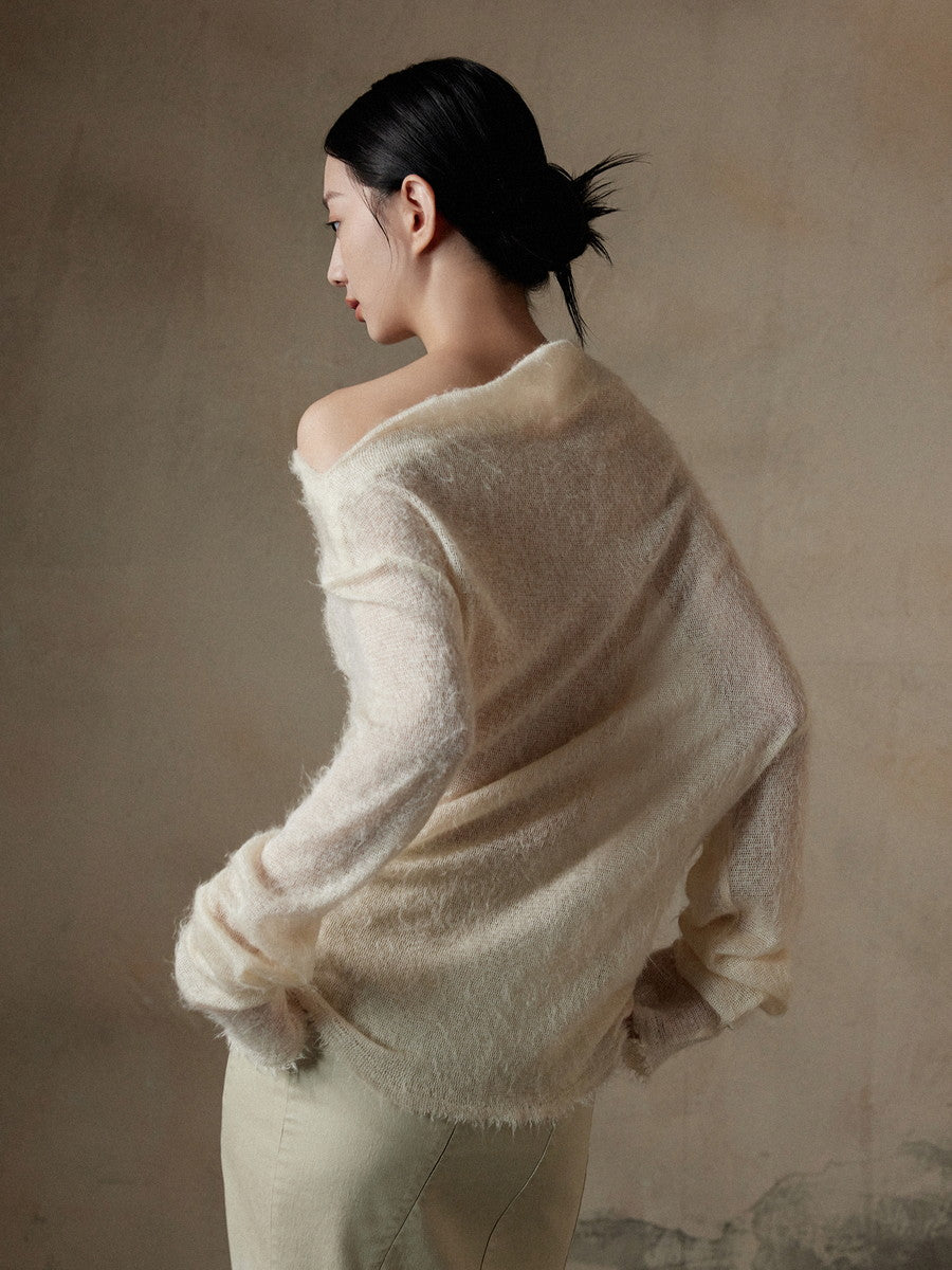 Thin Asymmetry One-Shoulder Soft Mohair-Knit