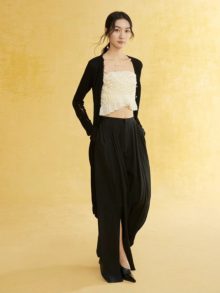 Natural Slit Wide-Leg Wrinkled Plain Flare-Pants