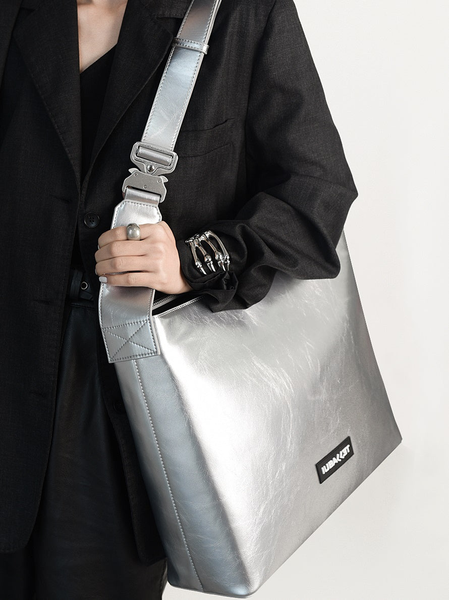 Leather Square Wide-Handle Metallic Bag