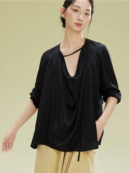 Drape Loose Long-Sleeve Natural Tops